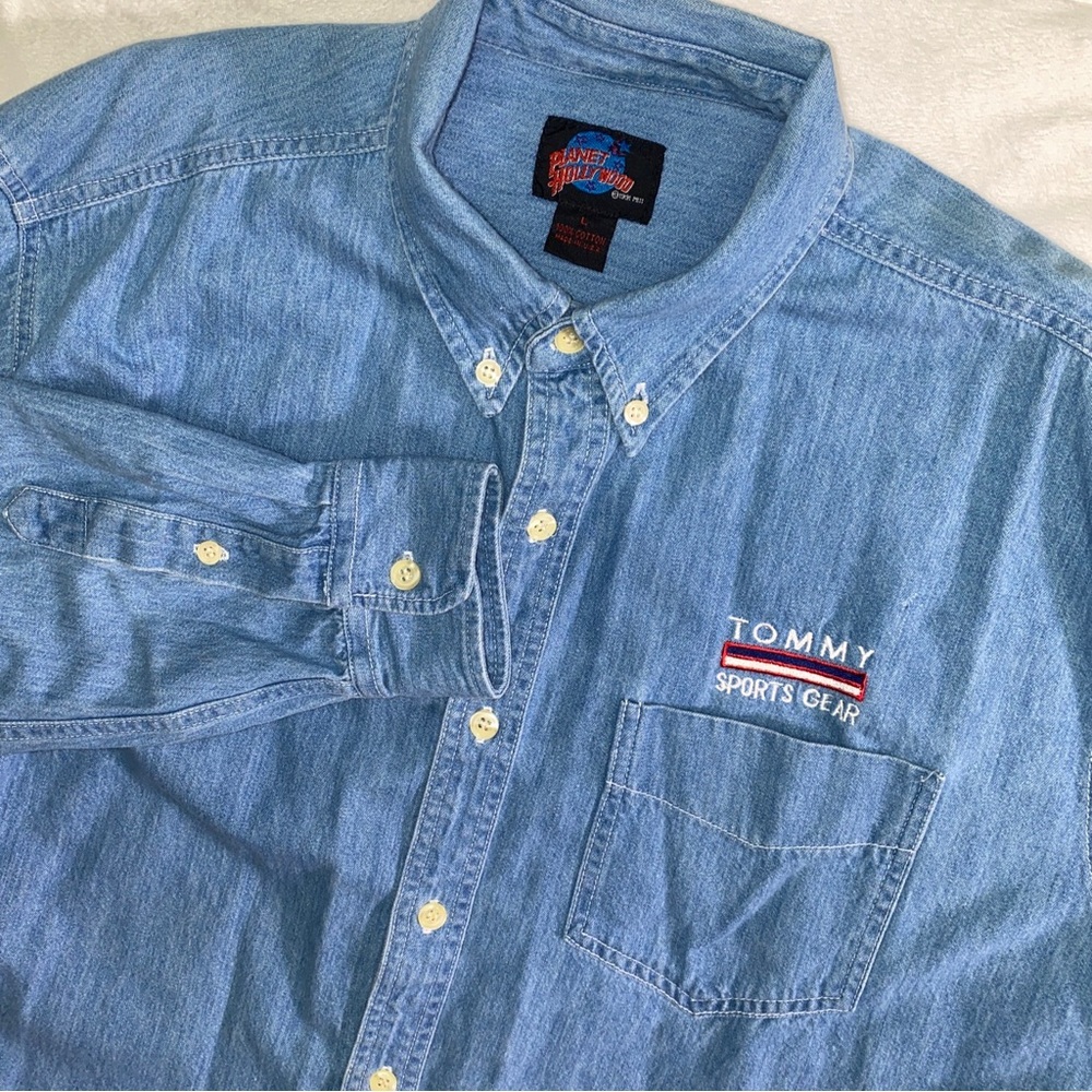 VTG Planet Hollywood Denim Shirt Men Large Tommy Sports Gear Button Rodeo Cowboy